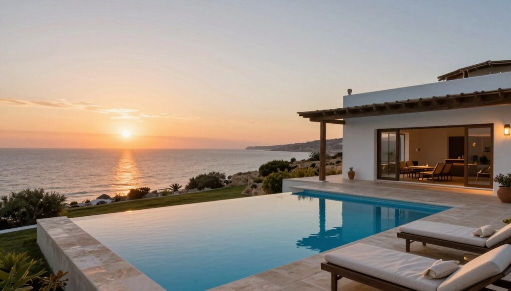 Sonnenuntergang über einer Ferienimmobilie mit Pool und Meerblick auf Zypern
