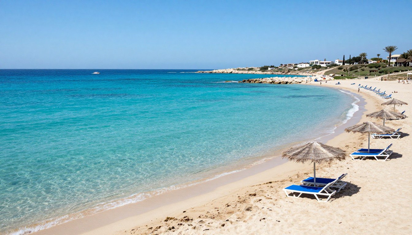 Sonniger Strand mit türkisblauem Wasser an der Küste von Zypern