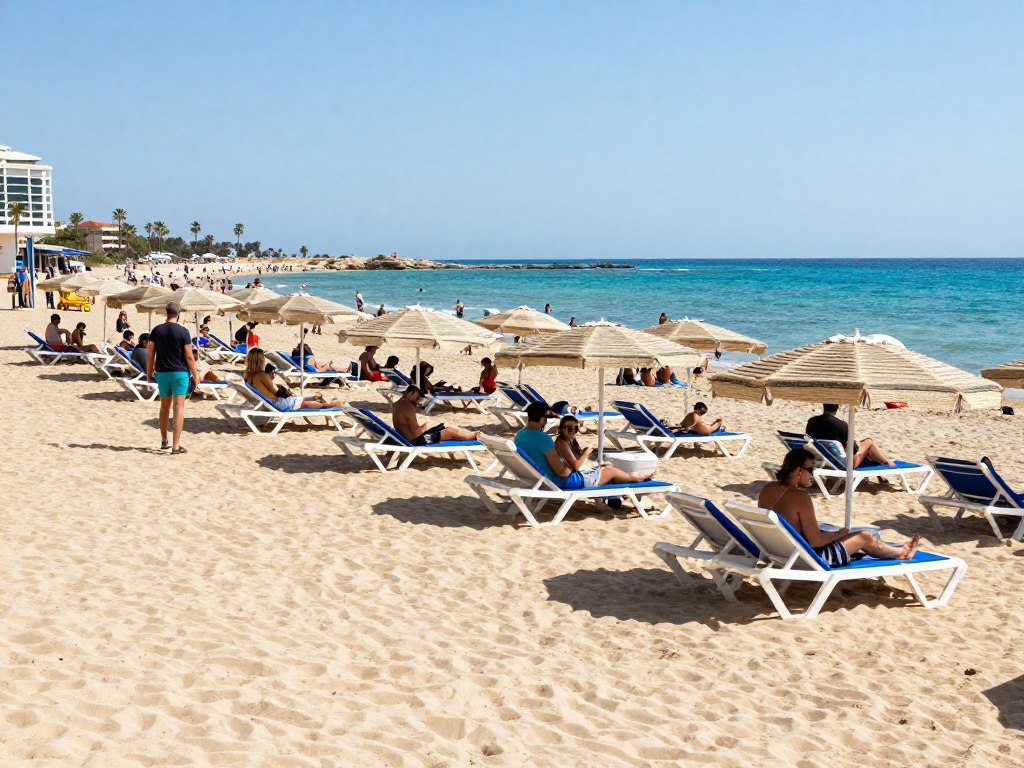 Touristen genießen einen Strandurlaub in Zypern mit Sonnenliegen und Sonnenschirmen