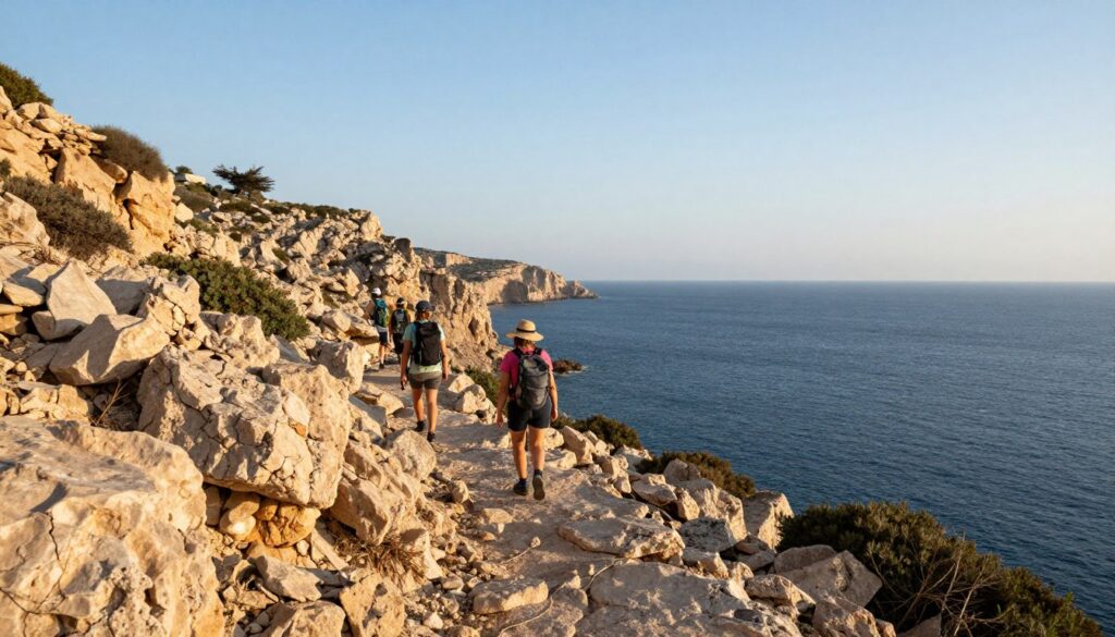 Wanderer auf einem Küstenpfad der Akamas Zypern Halbinsel mit Meerblick